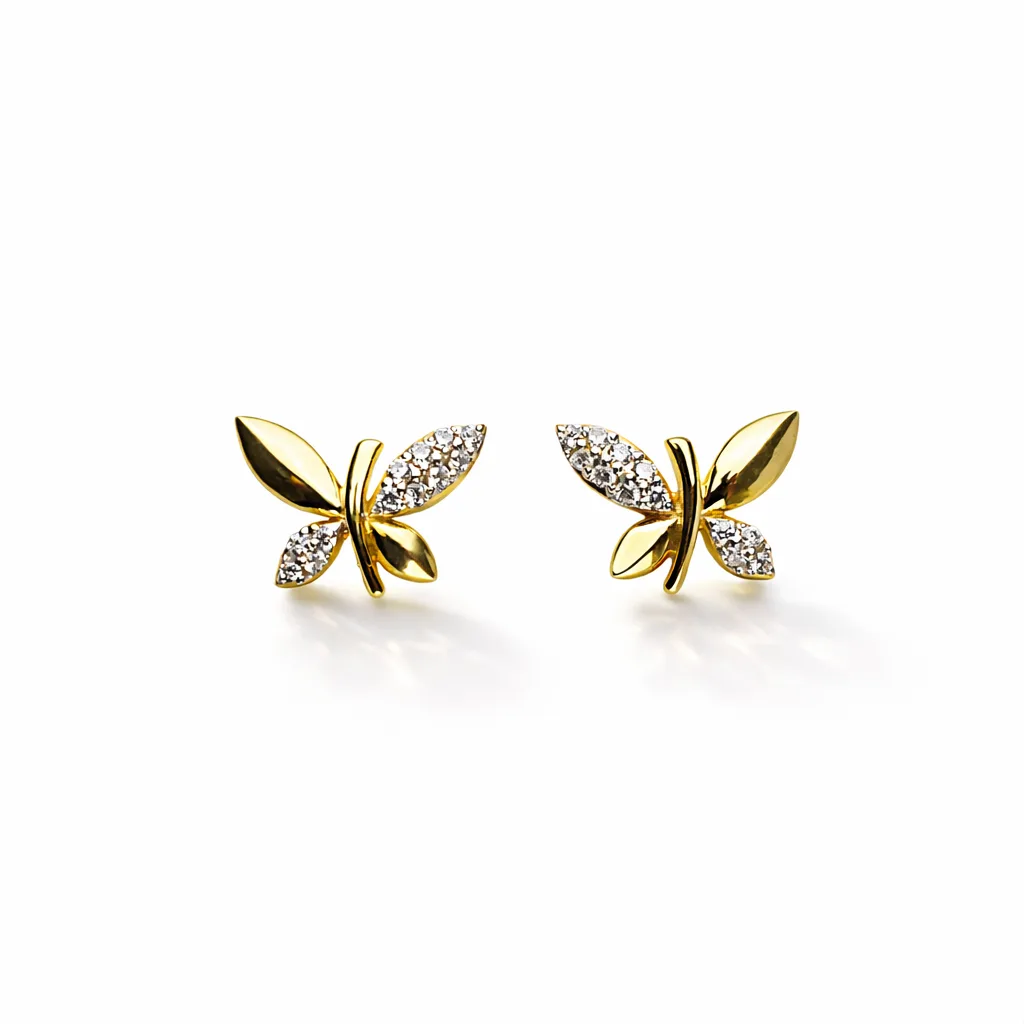 ISHQNAIN Women's Premium Gold Tone Finish Half-Pavé Butterfly Stud Earrings, Romantic Crystal Gift