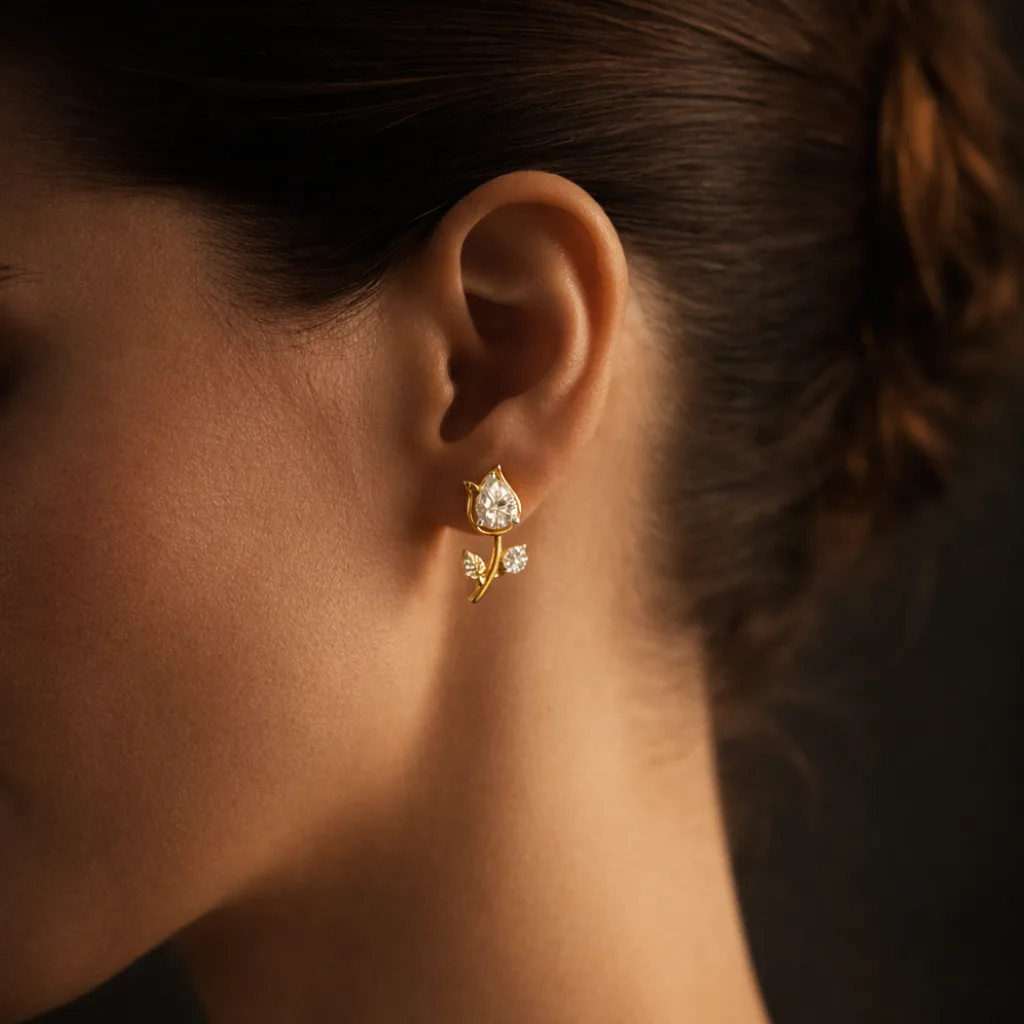 ISHQNAIN Women's Premium Gold Tone Finish Crystal Tulip Rose Bud Stud Earrings, Romantic Flower Gift