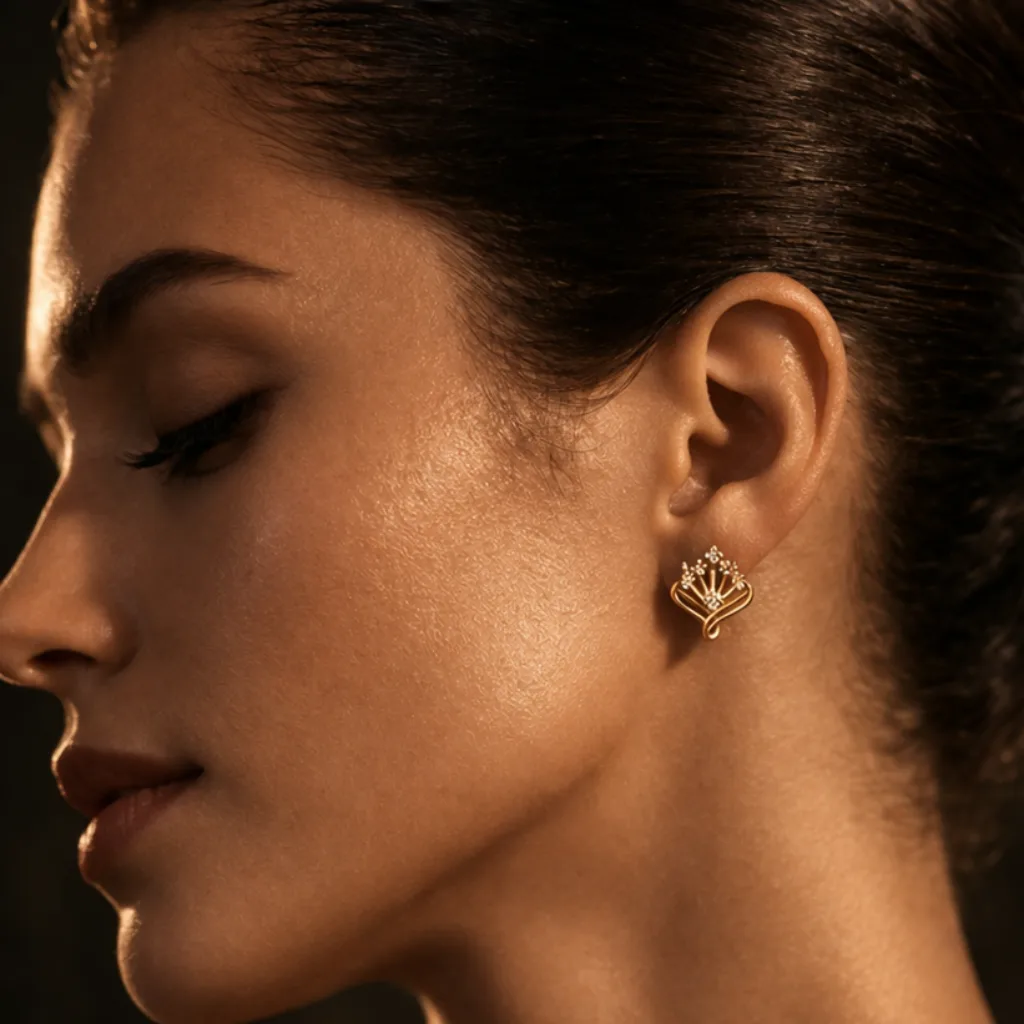 ISHQNAIN Women's Premium Gold Tone Finish Crystal Fan Stud Earrings, Vintage Art Deco Romantic Gift