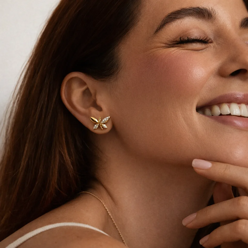 ISHQNAIN Women's Premium Gold Tone Finish Half-Pavé Butterfly Stud Earrings, Romantic Crystal Gift
