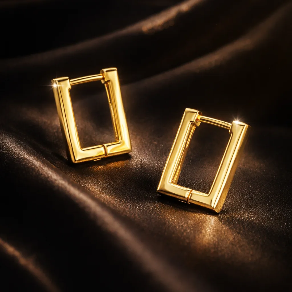 ISHQNAIN Women's Premium Gold Tone Finish Minimalist Rectangular Huggie Hoop Earrings, Timeless Romantic Gift