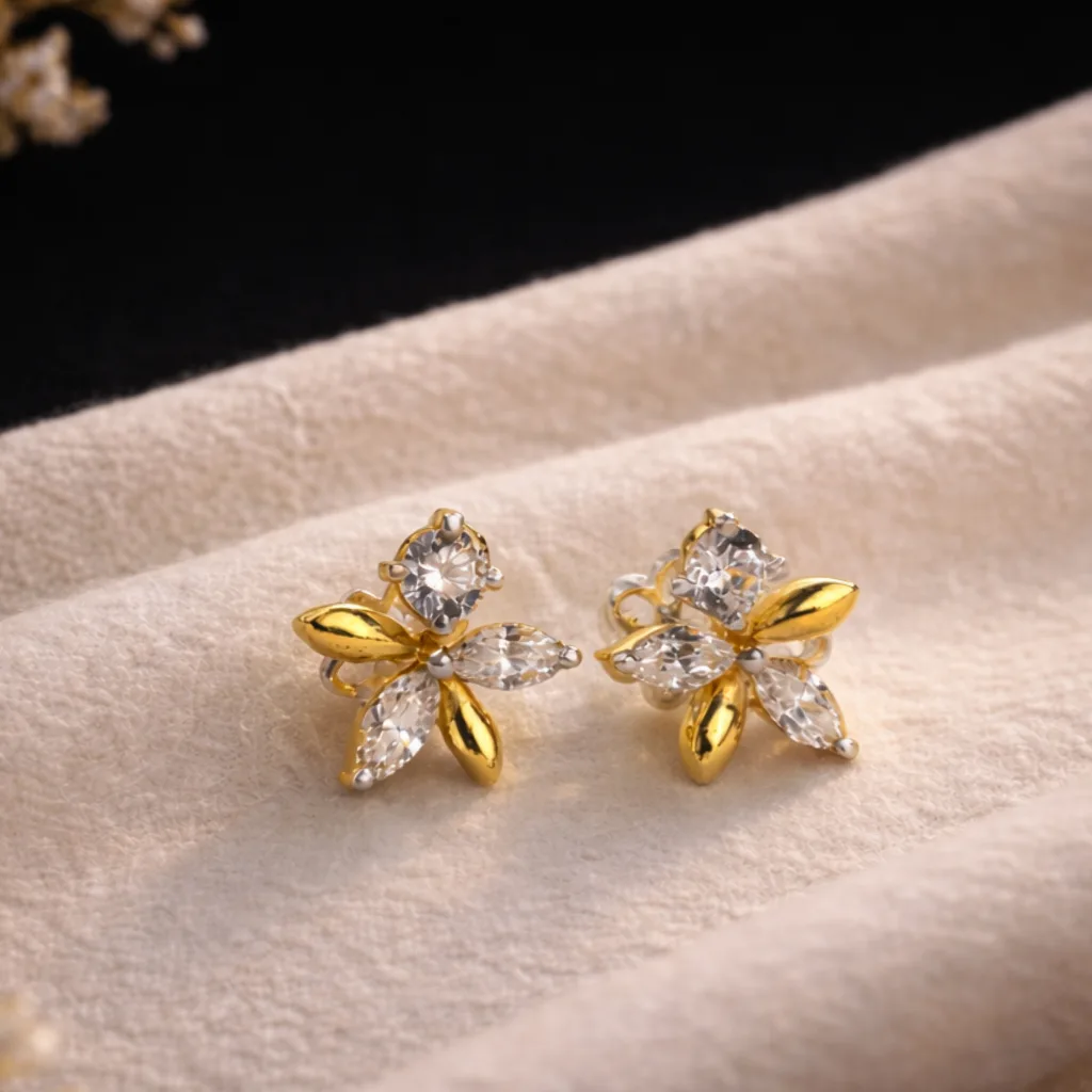 ISHQNAIN Women's Premium Gold Tone Finish Crystal Jasmine Blossom Stud Earrings, Romantic Gift