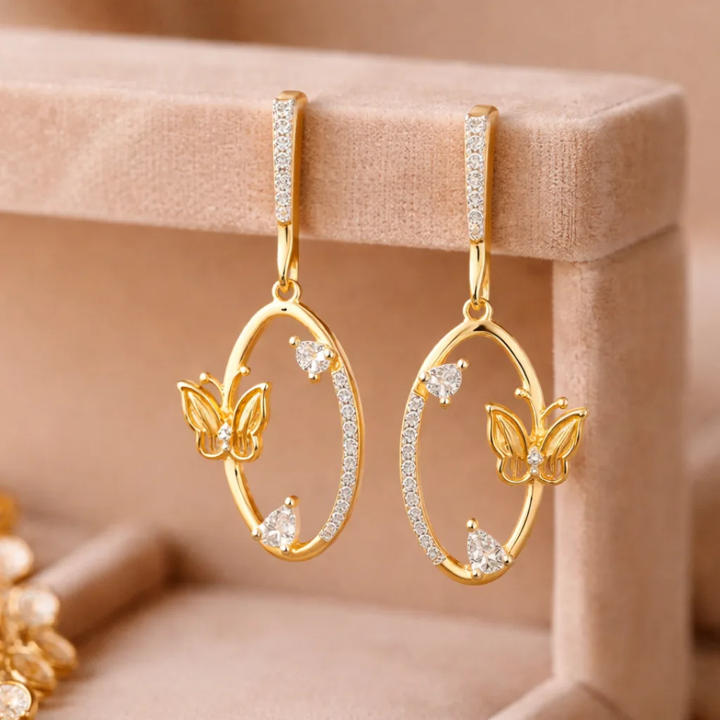 ISHQNAIN Women's Premium Gold Tone Finish Butterfly Oval Drop Earrings, Romantic Statement Gift