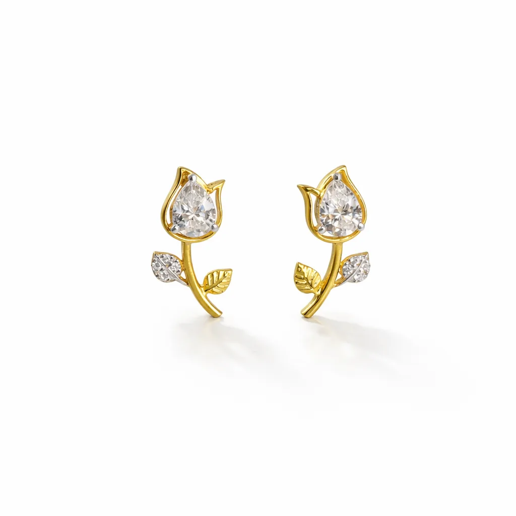ISHQNAIN Women's Premium Gold Tone Finish Crystal Tulip Rose Bud Stud Earrings, Romantic Flower Gift