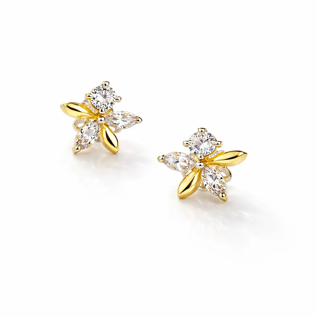 ISHQNAIN Women's Premium Gold Tone Finish Crystal Jasmine Blossom Stud Earrings, Romantic Gift