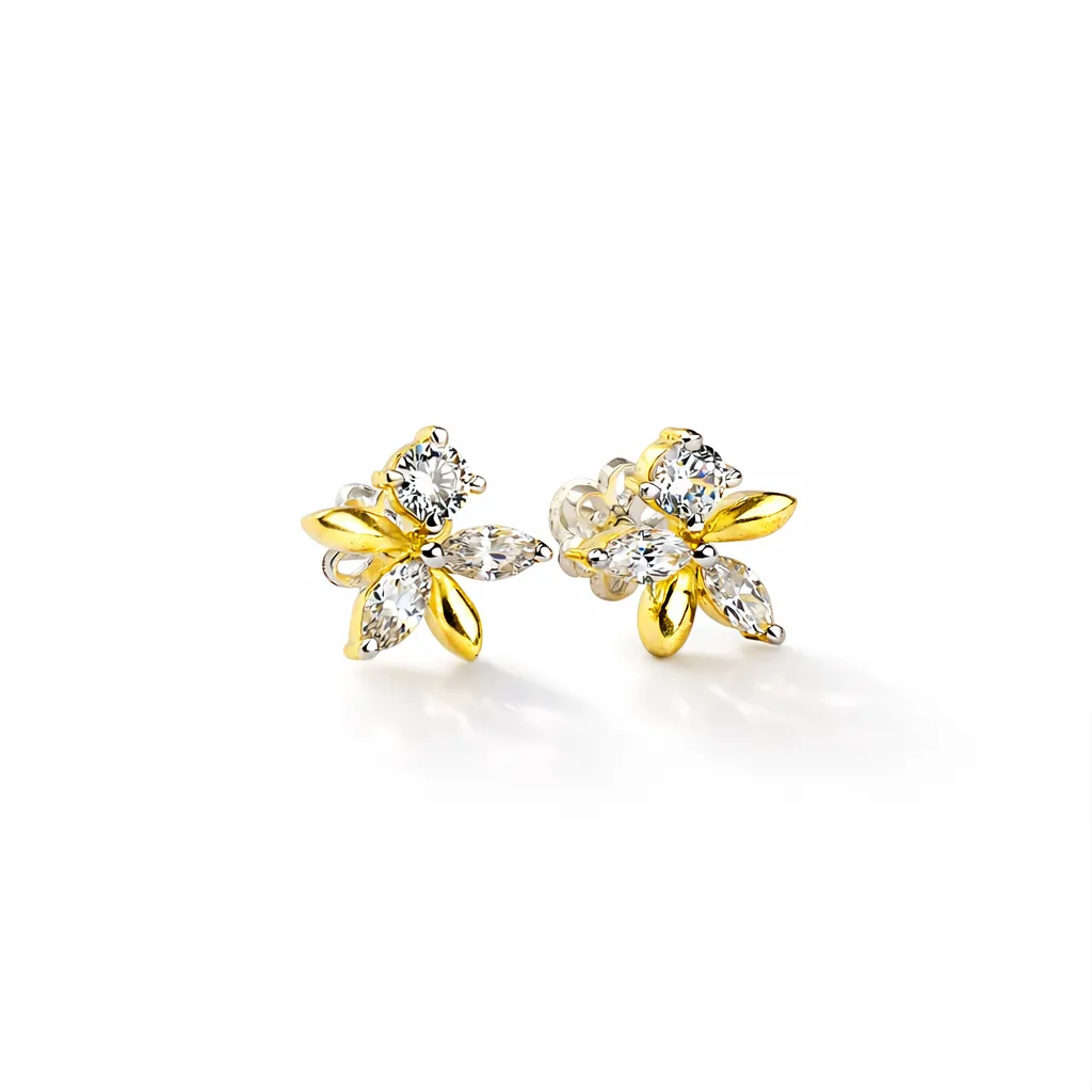 ISHQNAIN Women's Premium Gold Tone Finish Crystal Jasmine Blossom Stud Earrings, Romantic Gift