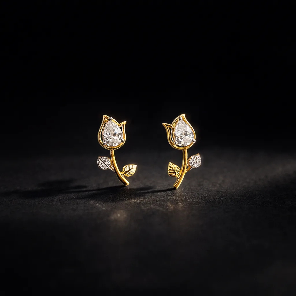 ISHQNAIN Women's Premium Gold Tone Finish Crystal Tulip Rose Bud Stud Earrings, Romantic Flower Gift