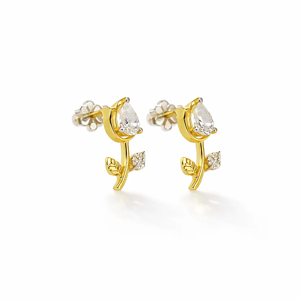 ISHQNAIN Women's Premium Gold Tone Finish Crystal Tulip Rose Bud Stud Earrings, Romantic Flower Gift
